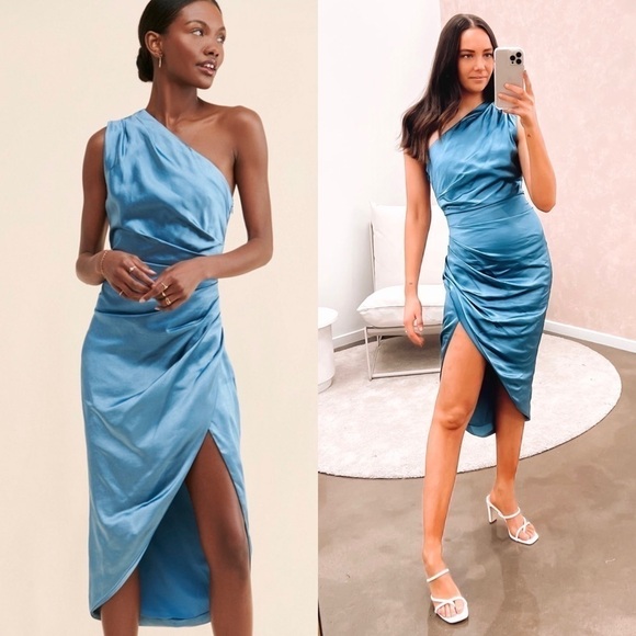 *NWT ELLIATT 70s Satin Sleeveless 1 Shoulder Ruched Faux Wrap Asymmetric Dress M - Picture 9 of 16